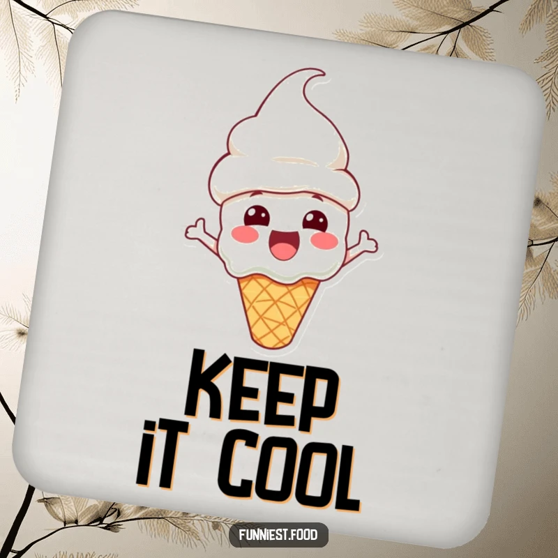 Funny Drink Coaster with an excited ice cream cone character wearing a cone hat, adding a touch of sweet art.