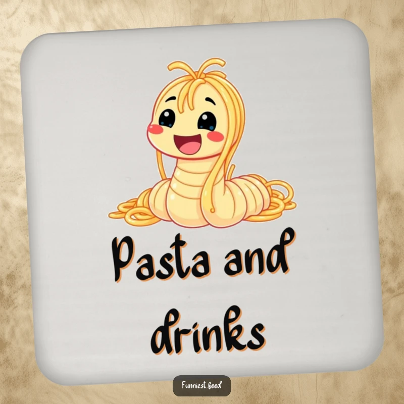 Funny spaghetti worm coasters featuring a smiling worm made of pasta, protecting tables with whimsical, food-themed humor.