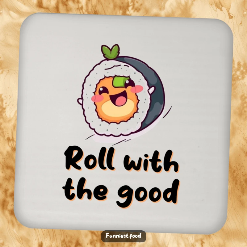 Funny sushi roll with a happy face on a drink coaster, a humorous and functional table accessory.