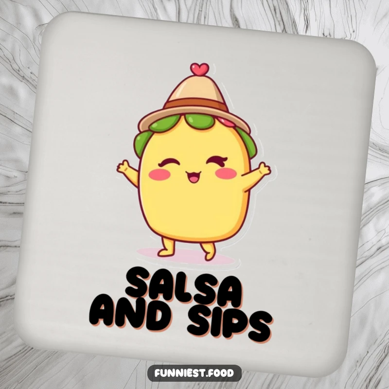 Funny drink coaster featuring a winking taco in a small hat, dancing with joy, offering a fun and functional festive touch for your beverages.