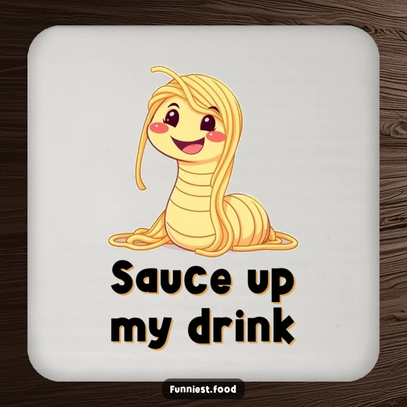 Funny drink coaster featuring a spaghetti worm smiling widely, offering protection with a humorous and pasta-themed flair for any beverage.