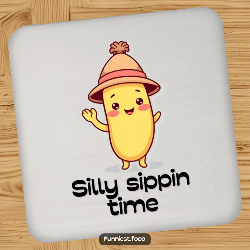 Funny Banana Coaster: A playful banana character in a hat waves hello, protecting surfaces with fruity charm.