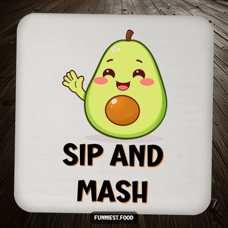 Funny avocado coaster featuring a delighted avocado character waving hello, providing humorous surface protection.