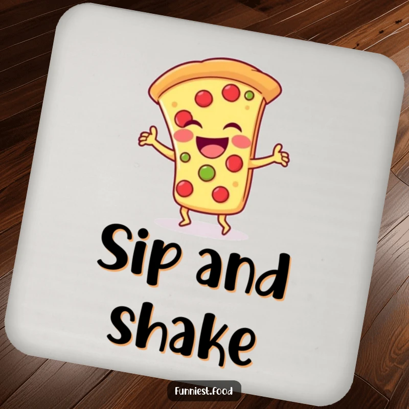 Funny Coaster: A laughing pizza slice character doing a silly dance, adding cartoon fun and surface protection.