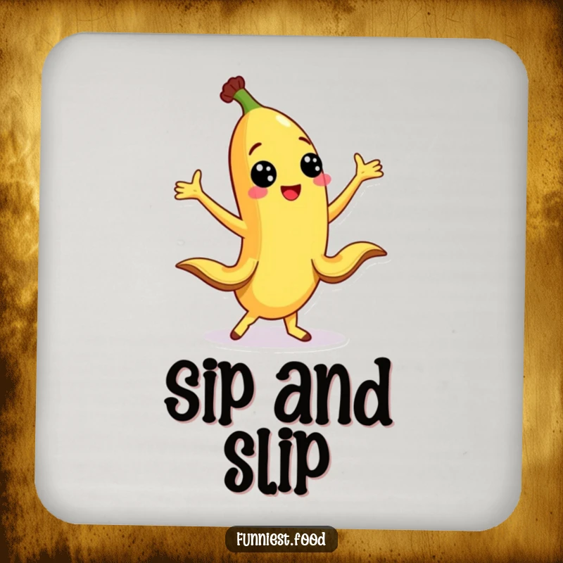 Funny banana character dancing with peel legs on drink coasters, adding fruity humor and protecting surfaces.