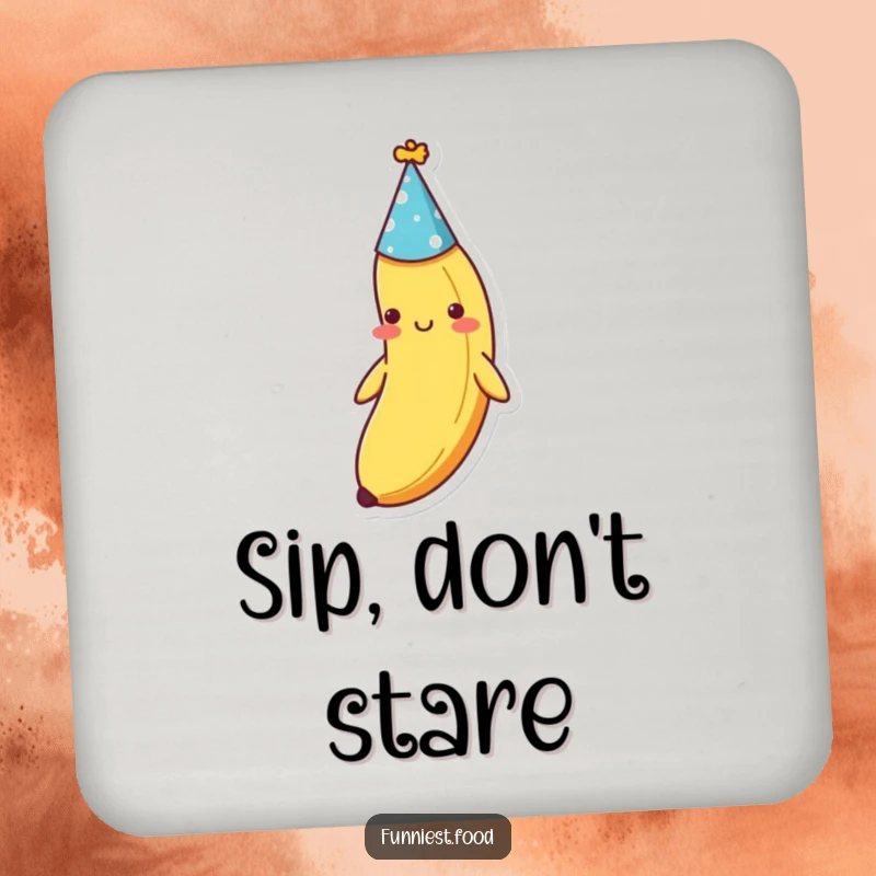 Funny shy banana with a party hat, designed on drink coasters, adding bashful charm to surfaces, a cute funny gift.