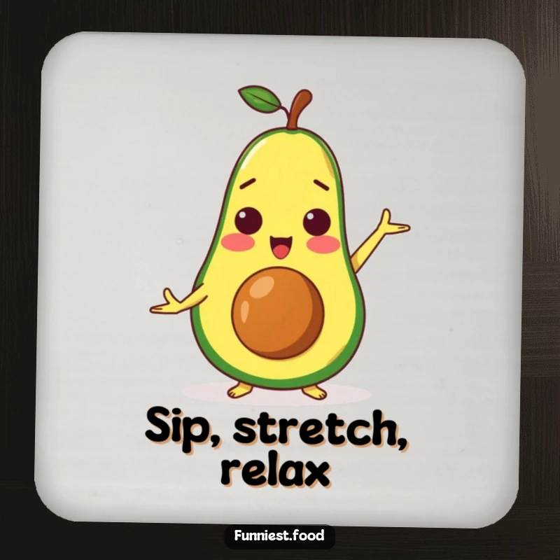 Funny surprised avocado character doing a yoga pose, placed on a humorous drink coaster.