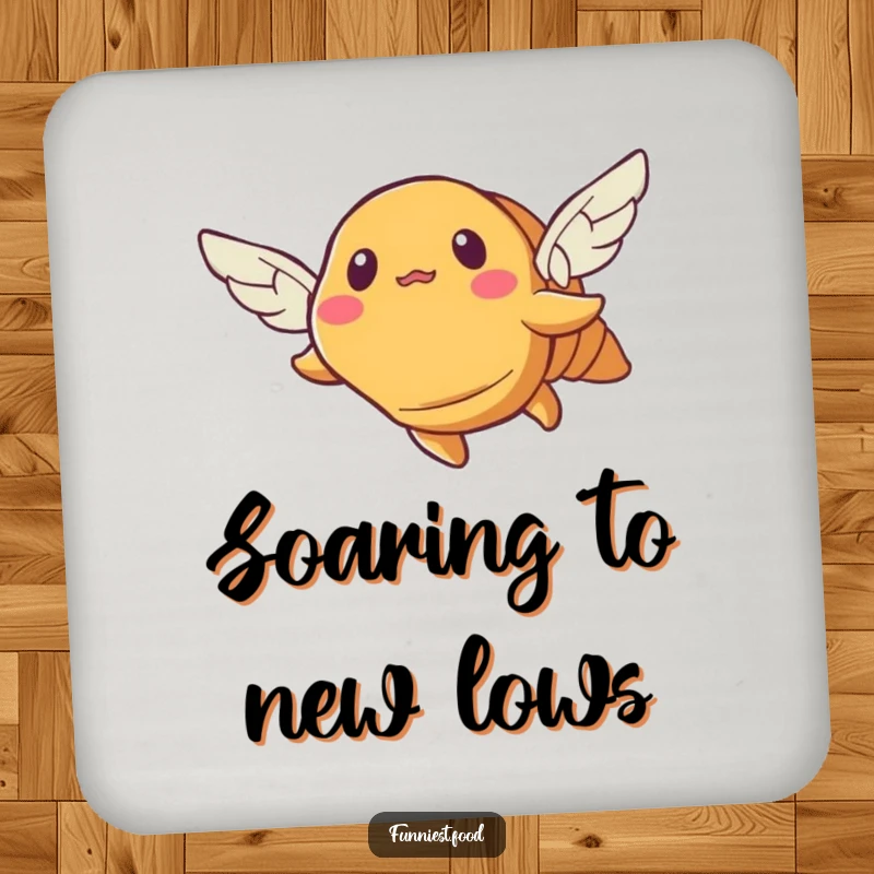 Funny croissant coaster, a bewildered pastry with small wings trying to fly, protecting surfaces with humor.