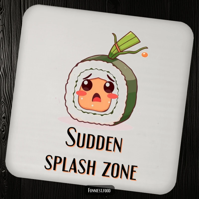 Funny Sushi Roll Coaster: A surprised sushi character dealing with flying seaweed, adding a funny touch to drinks, ideal as a small funny gift.