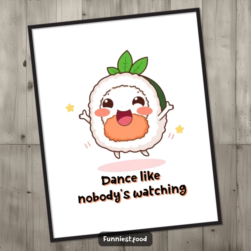 Funny delighted sushi poster, a happy dancing roll, vibrant and humorous wall art.