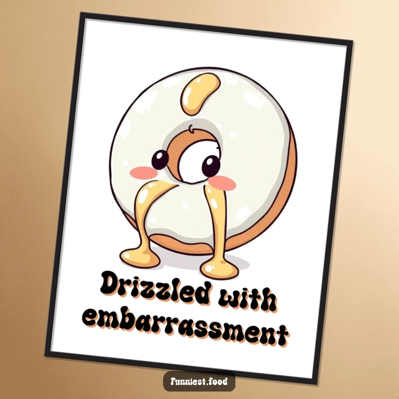 Funny poster art of a blushing donut character comically escaping syrup, delightful wall decor for kitchens or cafes.