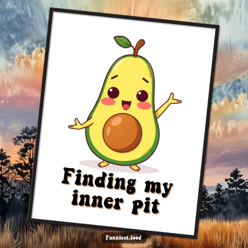 Funny surprised avocado character in a yoga pose, presented as a calming and humorous art print.