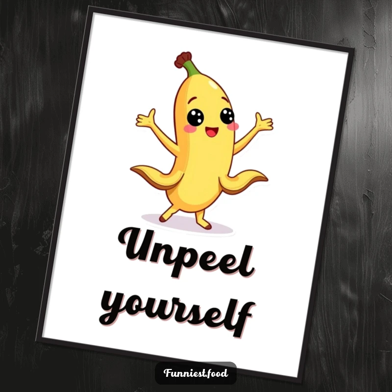 Funny smiling banana character dancing with its peel legs extended on a poster, radiating playful energy.