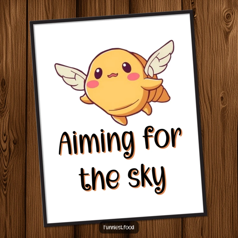 Funny croissant poster, a bewildered pastry with tiny wings attempting to fly, whimsical wall art.