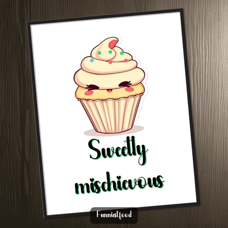 Funny Poster of a cheeky cupcake character winking mischievously, adding a playful and sweet touch to wall art.