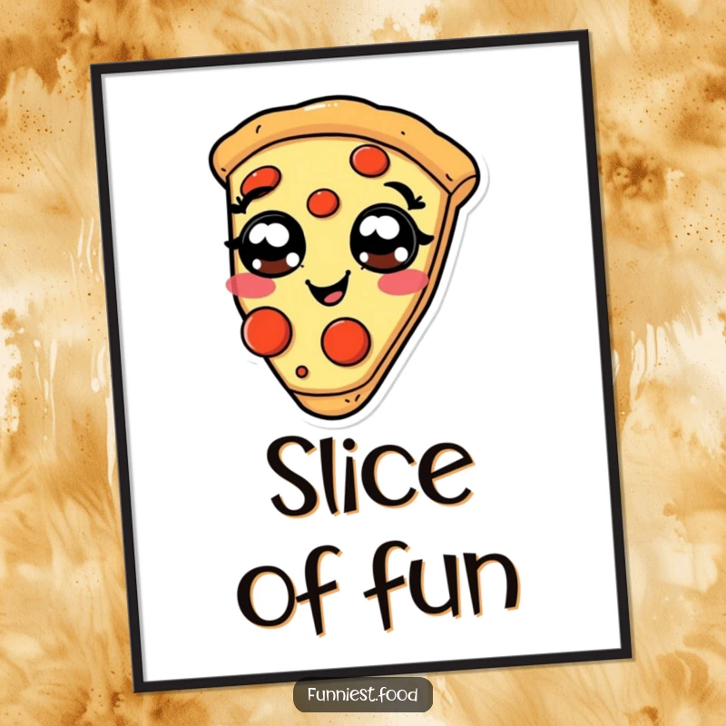 Funny giggling pizza poster, a slice with pepperoni eyes, humorous food wall art.