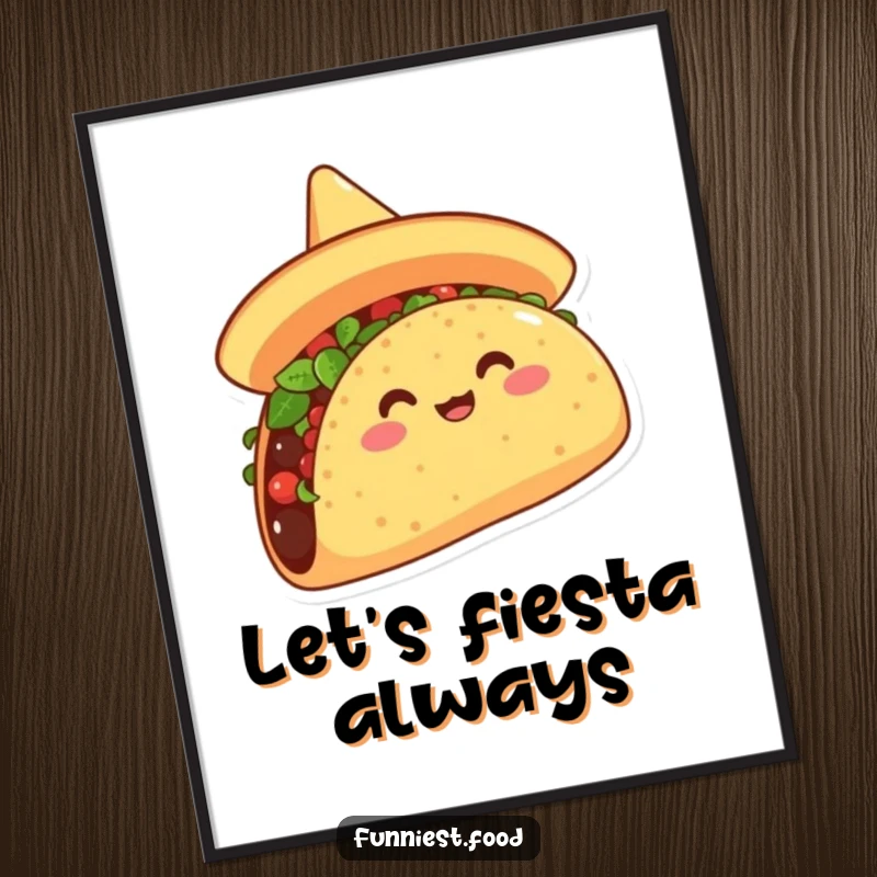 Funny poster print of an overjoyed taco wearing a sombrero, tipping it with jubilant energy, bringing festive humor to any space.