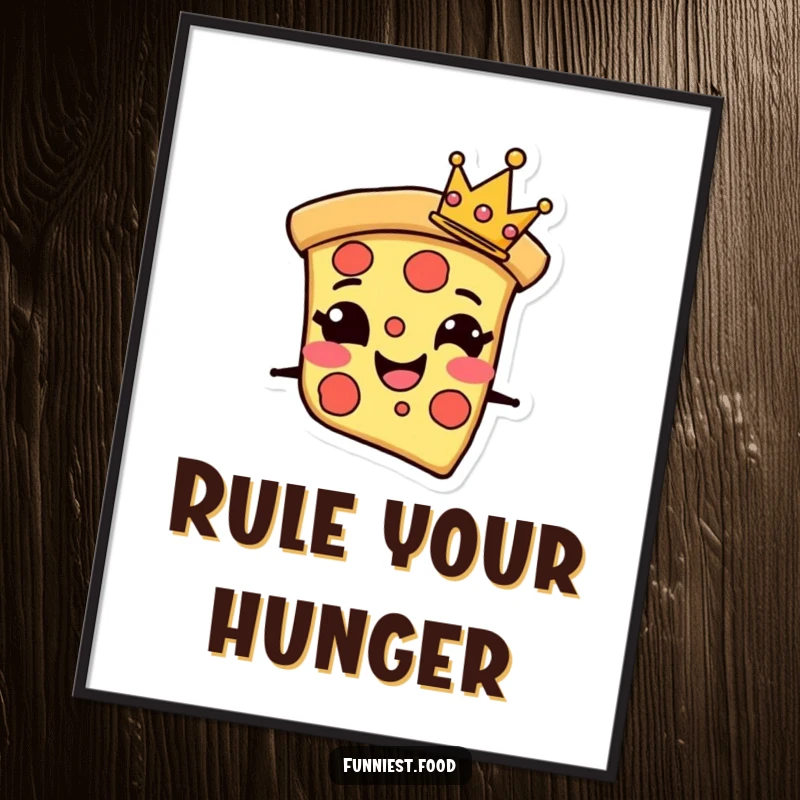 Funny Poster featuring a grinning pizza slice character adorned with a tiny crown, radiating delicious confidence and fun.