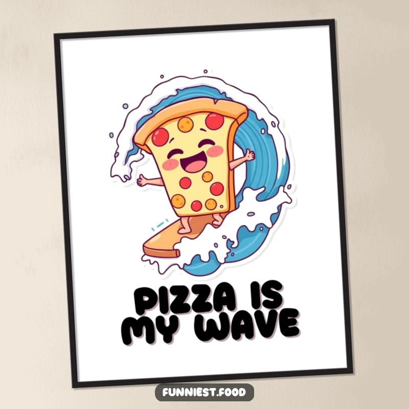 Funny laughing pizza slice surfing a soda wave on a poster, vibrant and dynamic wall art, perfect for a funny gift.