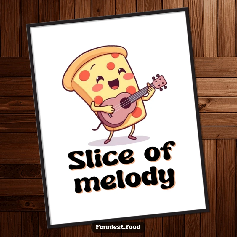 Funny Pizza Poster: A dynamic pizza slice character plays a small ukulele with great enthusiasm, creating a lively wall art piece.