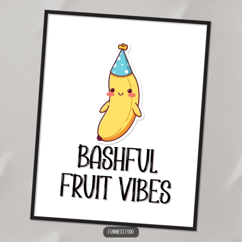 Funny shy banana wearing a party hat, presented as wall art, a gentle and humorous addition to any room, a sweet funny gift.