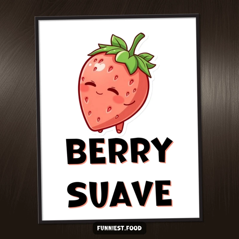 Funny Poster: A delightful strawberry character wearing a leafy hat tips it and winks, creating a charming and humorous piece of art.