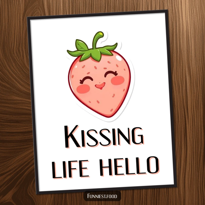 Funny strawberry poster displaying a cheerful red strawberry character blowing a kiss, adding a pop of color and humor to wall decor.
