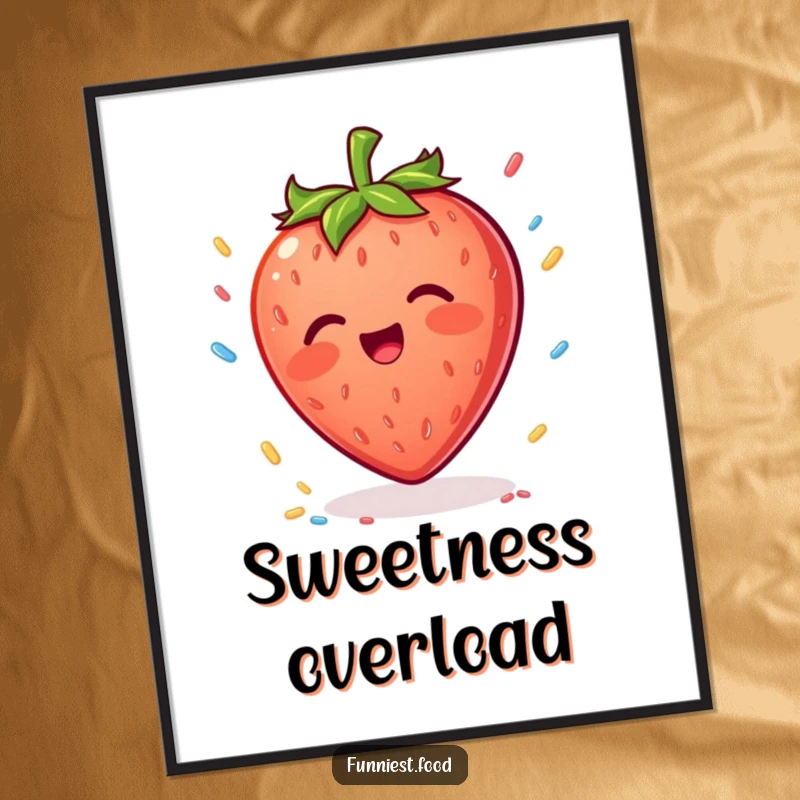 Funny Strawberry Poster: A cheerful strawberry character happily tries to catch falling sprinkles, bringing sweet joy to wall art.