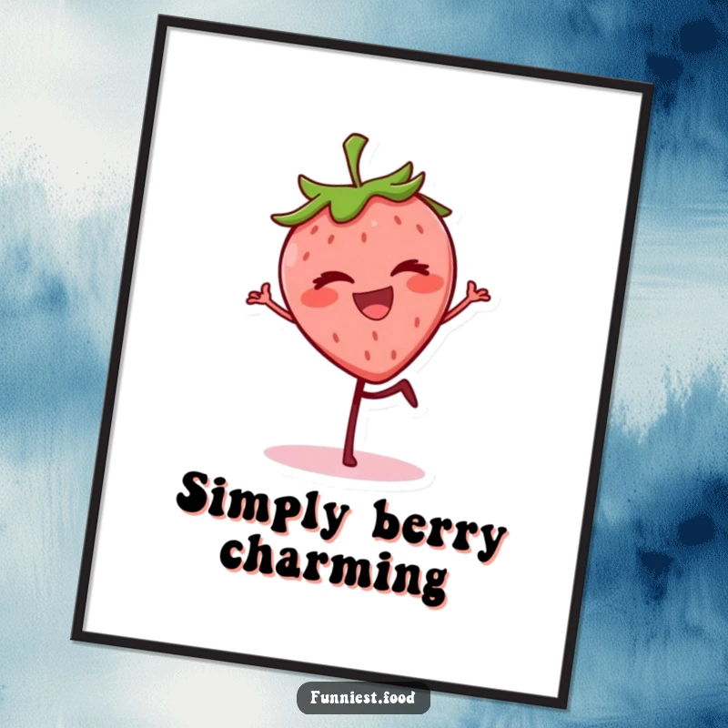 Funny grinning strawberry character balancing on one leg, winking on a poster, a humorous and vibrant wall art.