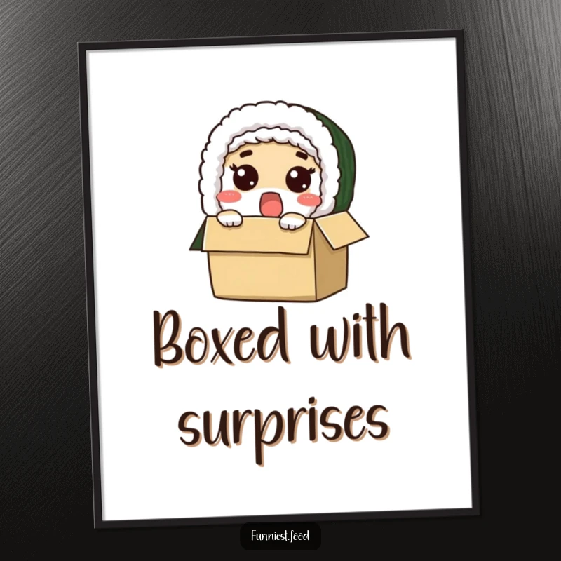 Funny poster art of a surprised sushi roll character peeking from a box, ideal for kitchen or dorm room decor.