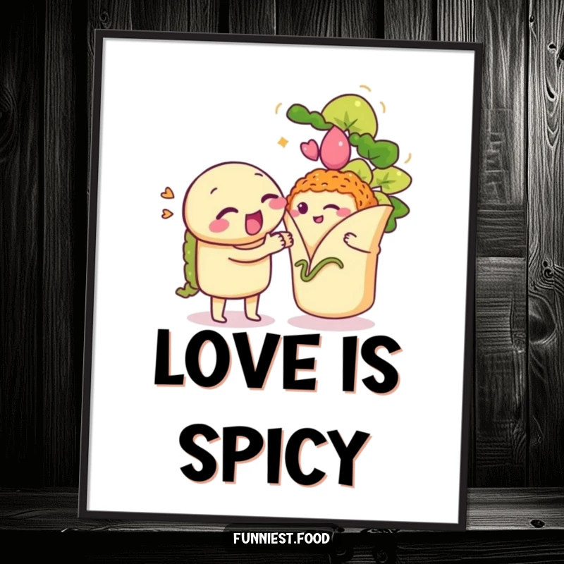 Funny Taco Poster: A winking taco serenades a shy burrito, creating a humorous and charming piece of wall art.