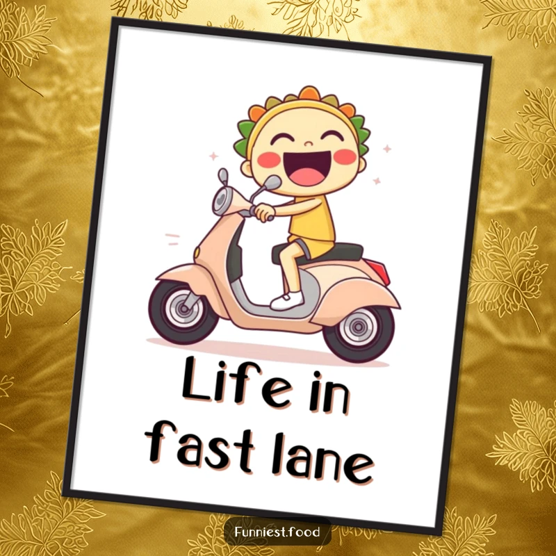 Funny poster with a laughing taco character on a scooter, surrounded by exaggerated speed lines.