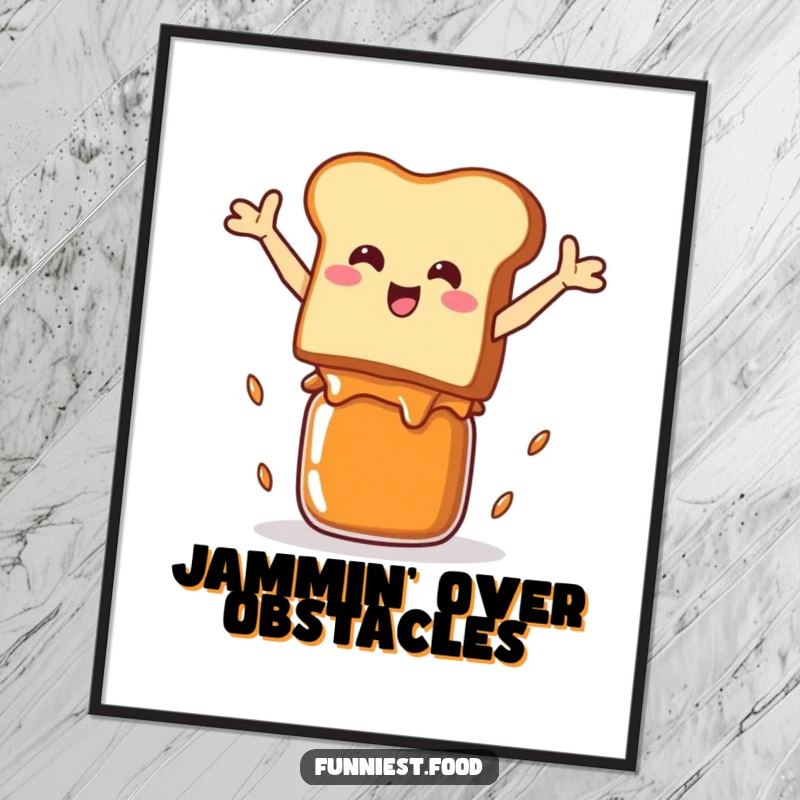Funny Poster: A dynamic illustration of a smiling piece of toast mid-leap over a jam jar, full of breakfast energy.