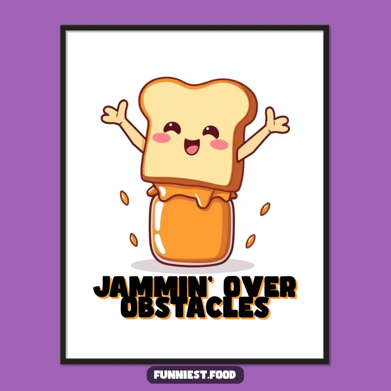 Funny Toast Leap Poster: Vibrant Wall Art of Toast Jumping Over Jam Jar