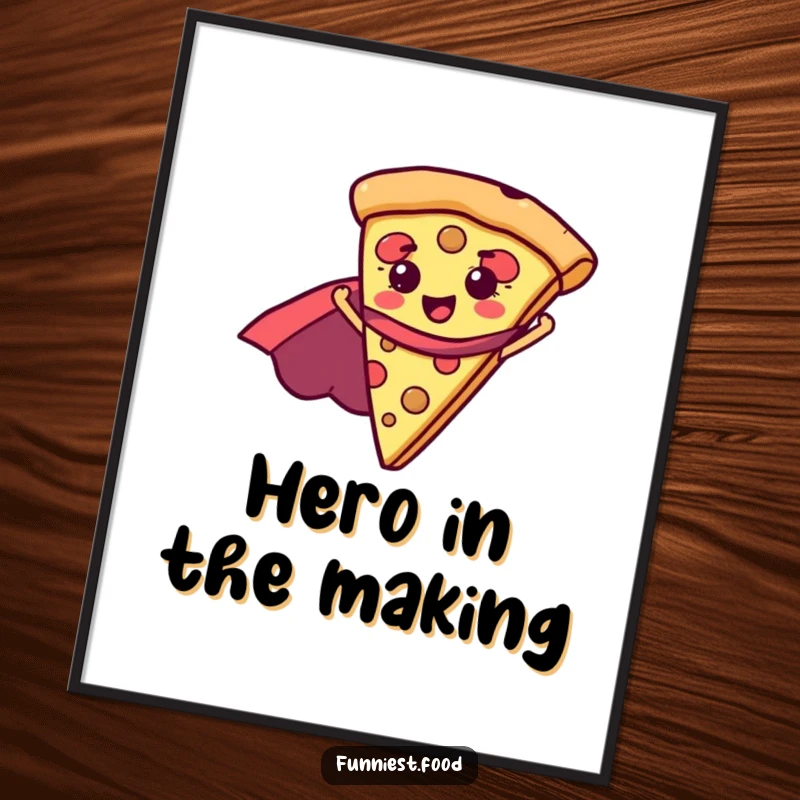 Funny pizza slice with a superhero cape, presented as vibrant wall art, a joyful and heroic piece for humor lovers.