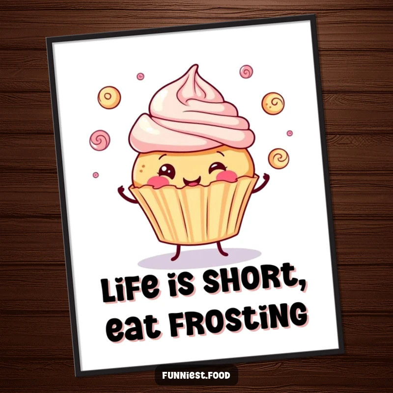 Funny poster featuring a cheerful cupcake juggling frosting swirls, bringing a playful and humorous vibe to wall decor.