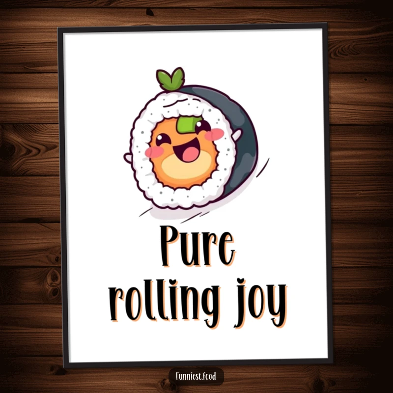 Funny sushi roll character with a joyful expression, rolling downhill on a poster, a humorous and vibrant wall art.
