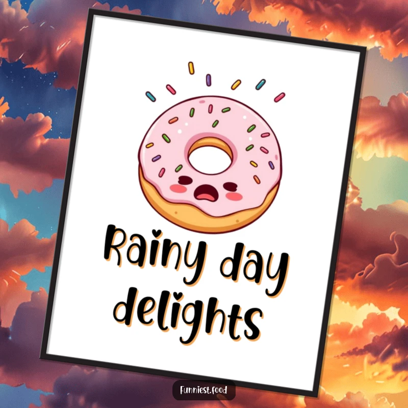 Funny bewildered donut poster, wide-eyed and surprised by a cascade of sprinkles, creating a humorous and artistic focal point.