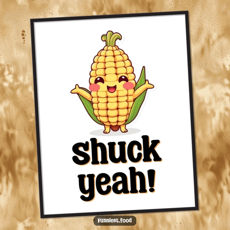 Funny poster showcasing a beaming corn cob character extending its arms for a comical, heartwarming hug, brightening any wall space.