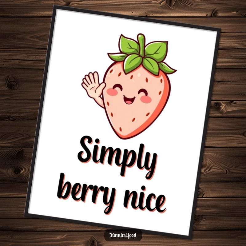 Funny poster showcasing a vibrant strawberry character with leafy hair, waving a happy and humorous greeting.