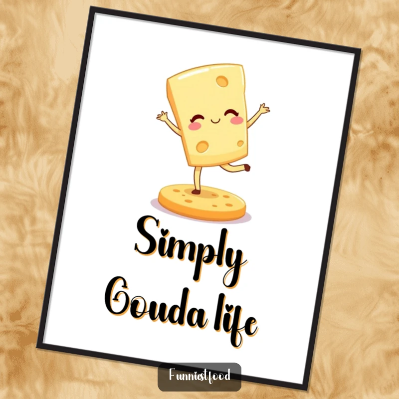 Funny poster of a winking cheese wedge executing a graceful pirouette on a cracker, celebrating food and artistic expression.