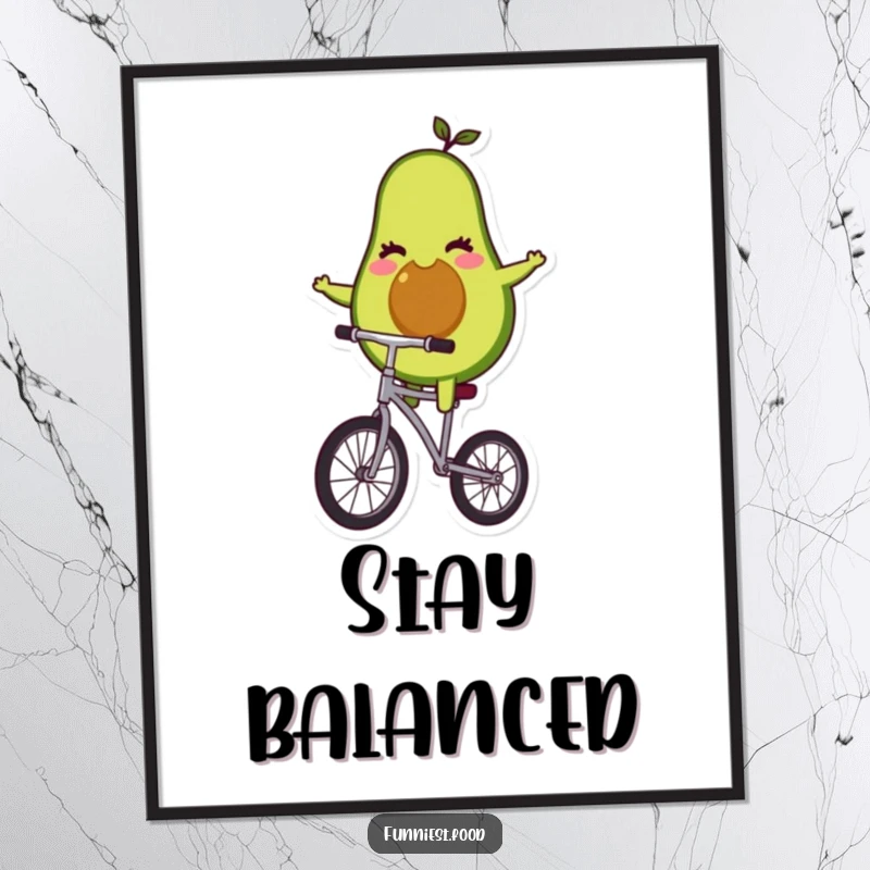 Funny winking avocado character balancing precariously on a unicycle on a poster, full of personality.