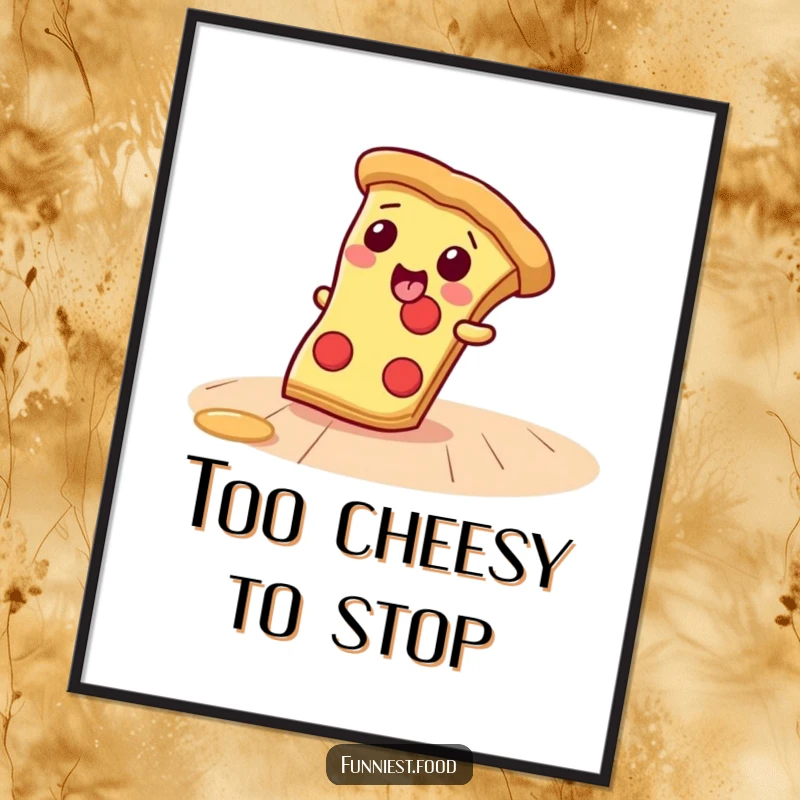 Funny Poster of a giggling pizza slice character sliding across a floor, adding a dynamic and humorous touch to wall decor.