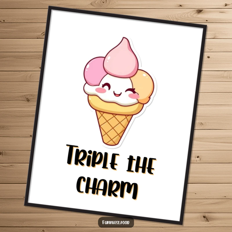 Funny Ice Cream Poster: A happy ice cream cone with three winking scoops radiates joy and sweetness, perfect for decor.