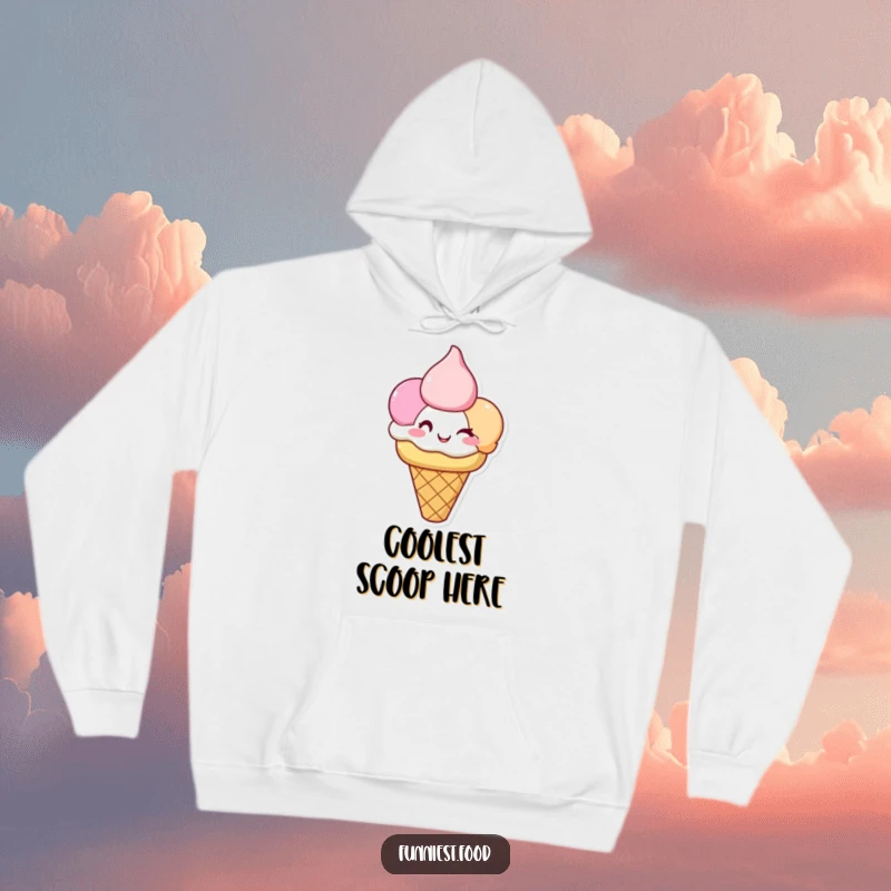 Funny Ice Cream Hoodie: A cheerful ice cream cone with triple scoops winks, perfect for cozy, sweet enjoyment.
