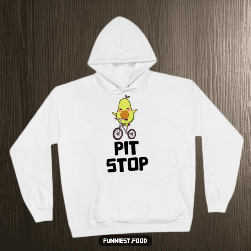 Funny winking avocado character balancing on a unicycle on a cozy hoodie, perfect for warmth and laughs.