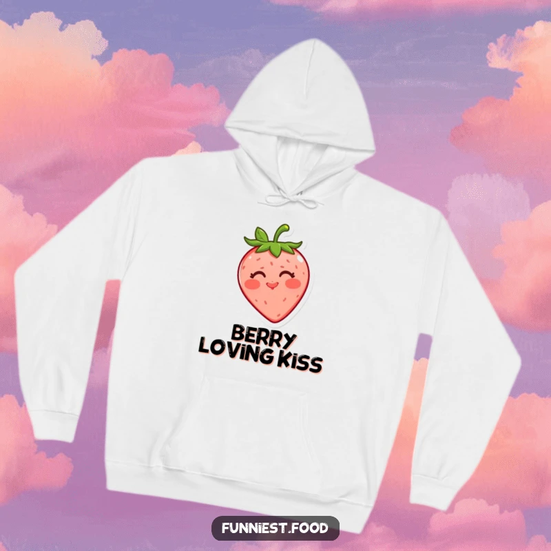 Funny strawberry hoodie showcasing a cute red strawberry blowing a kiss, offering warmth and a touch of playful romance, a great gift.