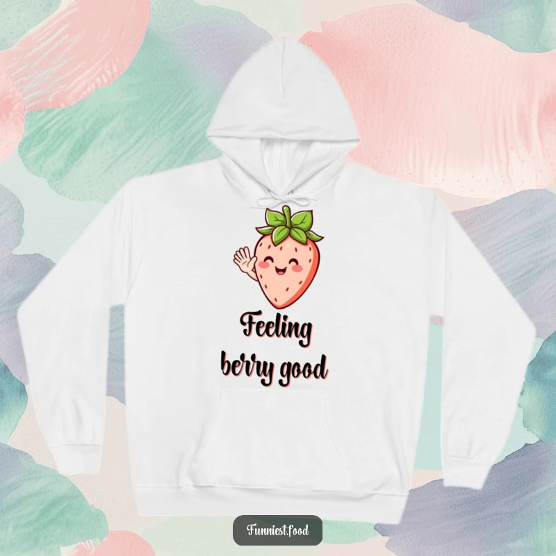 Funny hoodie featuring a happy strawberry character with leafy hair, merrily waving hello, perfect for staying warm and cheerful.