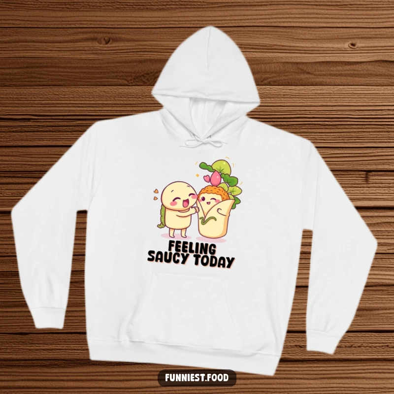 Funny Taco Hoodie: A winking taco serenades a shy burrito in a warm, cozy design for fans of Mexican food.
