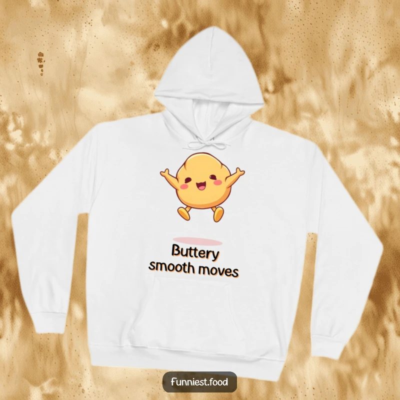 Funny hoodie featuring a delightful croissant character mid-jump, with butter pats as feet, perfect for staying warm and amused.